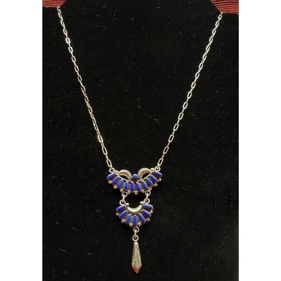 Zuni Lapis Petit Point Necklace Sterling Silver NA Vintage Signed Bill & Lou